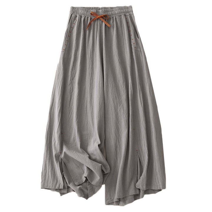 Pantaloni da donna a gamba larga, lunghezza 7-8, in cotone e lino, con spacchi laterali e motivo Buddha Stones, con tasche. - image 14