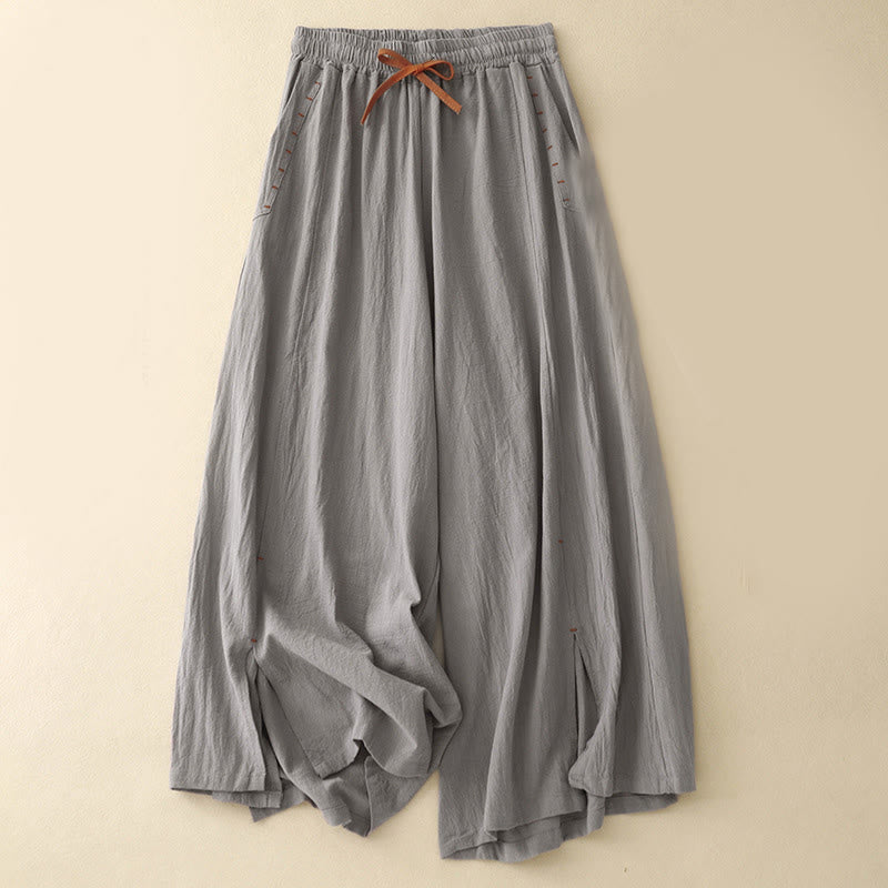 Pantaloni da donna a gamba larga, lunghezza 7-8, in cotone e lino, con spacchi laterali e motivo Buddha Stones, con tasche. - Grigio scuro - US8-10, UK/AU12-14, EU40-42 (2XL) - image 10