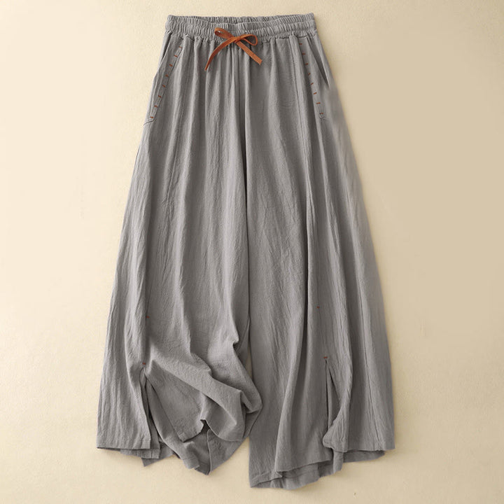 Pantaloni da donna a gamba larga, lunghezza 7-8, in cotone e lino, con spacchi laterali e motivo Buddha Stones, con tasche. - Grigio scuro - US8-10, UK/AU12-14, EU40-42 (2XL) - image 10