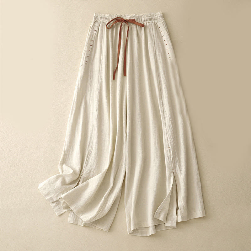 Pantaloni da donna a gamba larga, lunghezza 7-8, in cotone e lino, con spacchi laterali e motivo Buddha Stones, con tasche. - Seta di mais - US8-10, UK/AU12-14, EU40-42 (2XL) - image 3