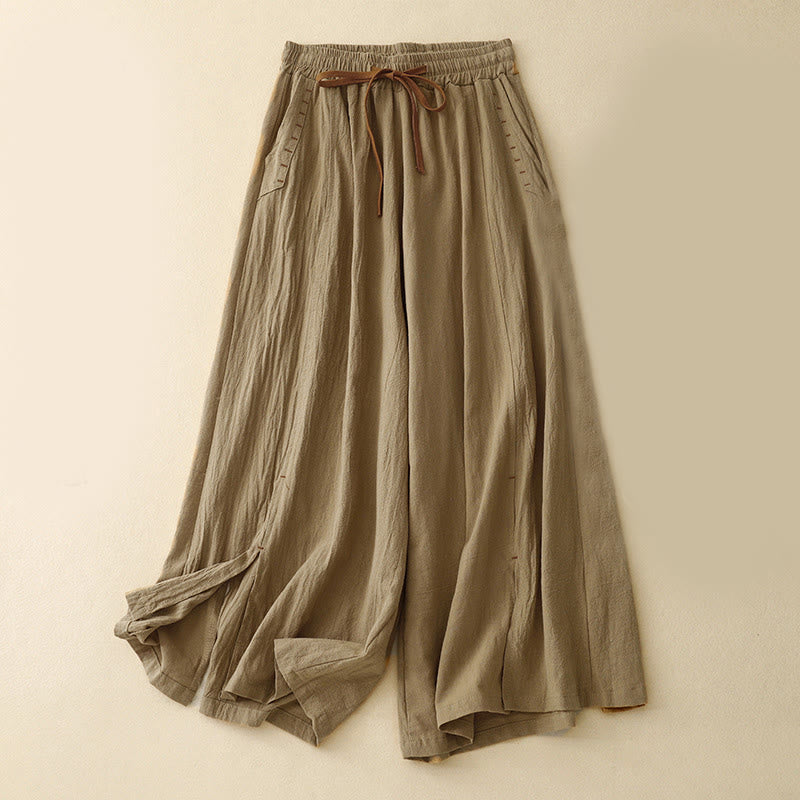 Pantaloni da donna a gamba larga, lunghezza 7-8, in cotone e lino, con spacchi laterali e motivo Buddha Stones, con tasche. - Verga d'oro scura - US8-10, UK/AU12-14, EU40-42 (2XL) - image 0