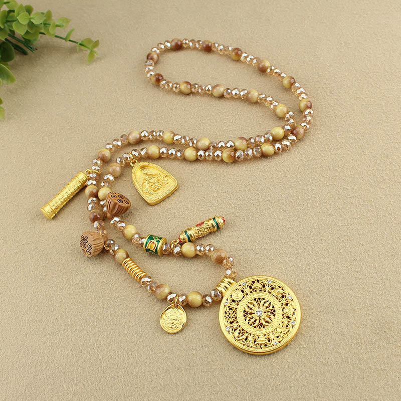 Collana con ciondolo in perle di occhio di tigre dorato, piastra rotonda tibetana con Buddha Stones e loto - image 9