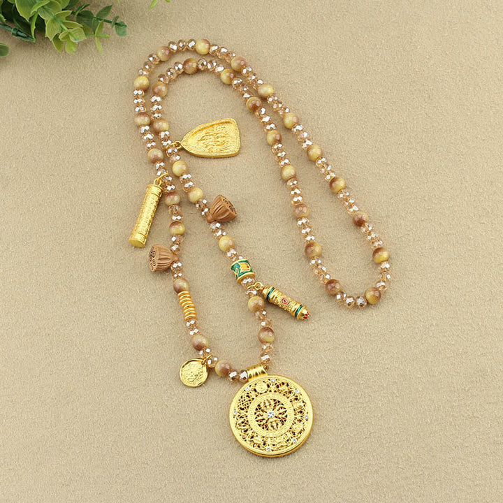 Collana con ciondolo in perle di occhio di tigre dorato, piastra rotonda tibetana con Buddha Stones e loto - image 10