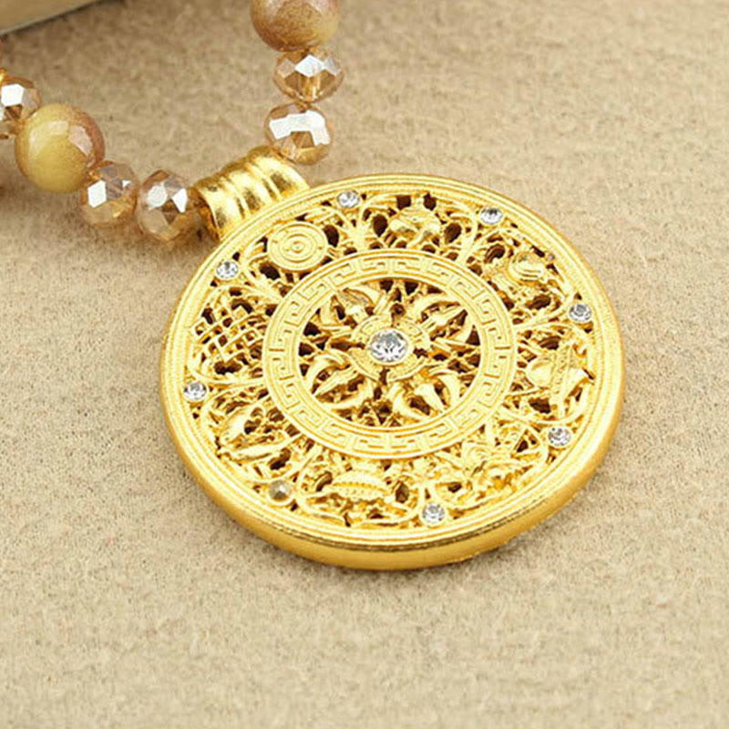 Collana con ciondolo in perle di occhio di tigre dorato, piastra rotonda tibetana con Buddha Stones e loto - image 14