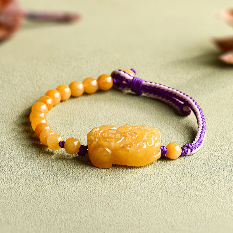 Braccialetto della ricchezza PiXiu con perle di giada di seta dorata e Buddha Stones - Giada di seta dorata (circonferenza del polso: 14-18 cm) - image 1