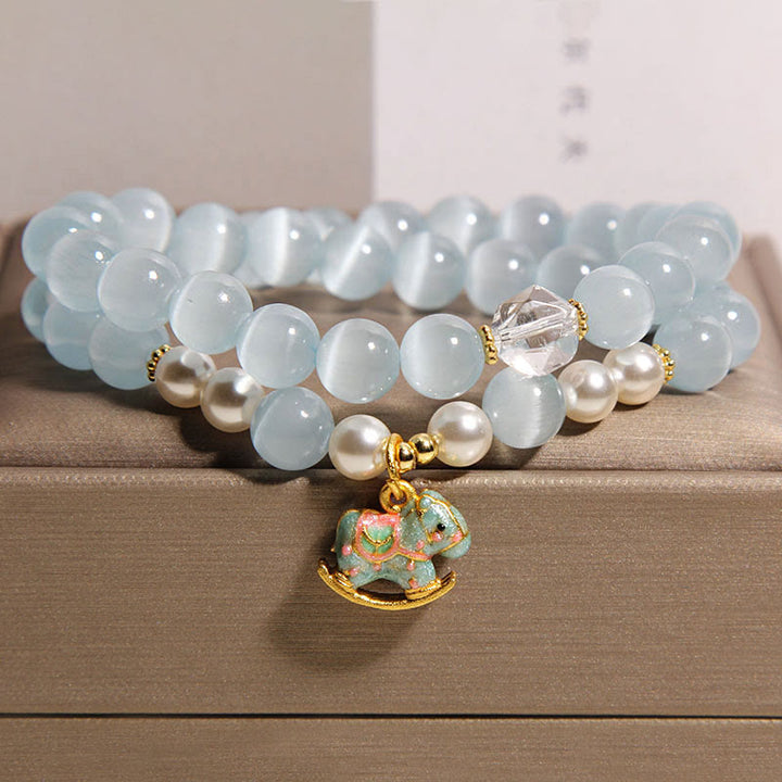 Bracciale a doppio giro con ciondolo a forma di cavallo di Troia con occhio di gatto blu Buddha Stones - Occhio di gatto (circonferenza del polso 14-15 cm) - image 1