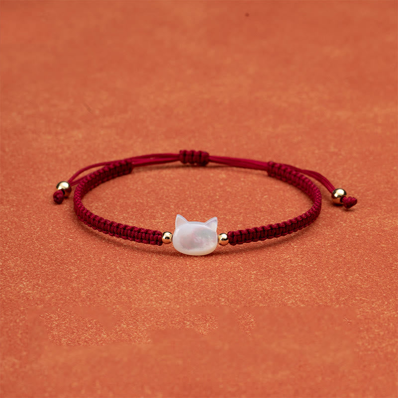 Braccialetto di collegamento con conchiglia rossa e testa di gatto senza volto Buddha Stones - Gatto bianco filo rosso - image 5