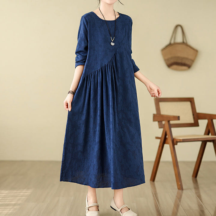 Abito midi in cotone e lino con maniche lunghe e tasche, motivo floreale jacquard irregolare Buddha Stones - Blu mezzanotte - US8-10, UK/AU12-14, EU40-42 (2XL) - image 0