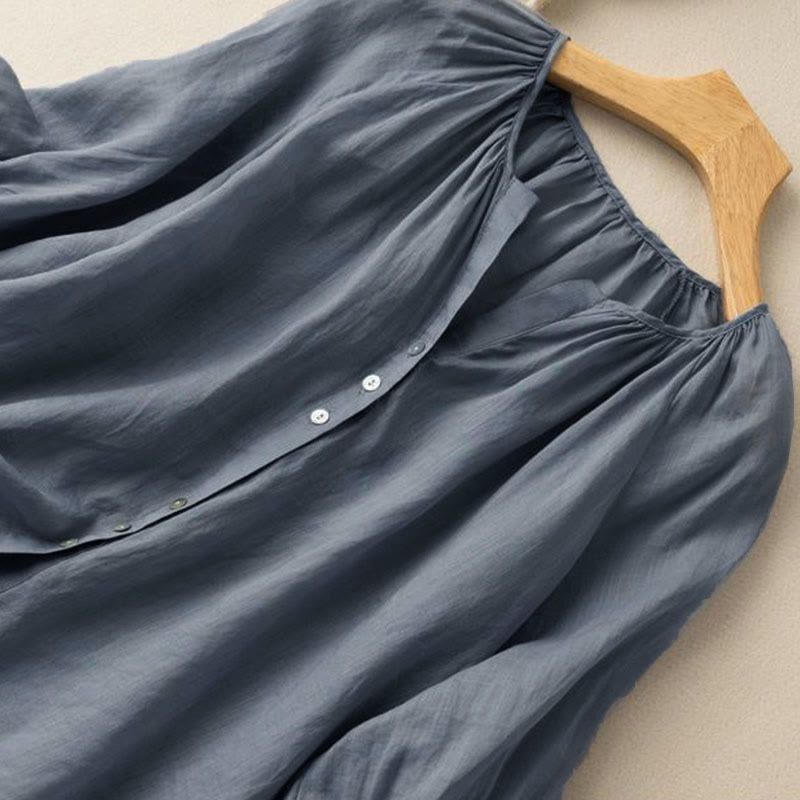 Camicia da donna vintage con bottoni e maniche a tre quarti a sbuffo e scollo a V, con stampa Buddha Stones. - image 3