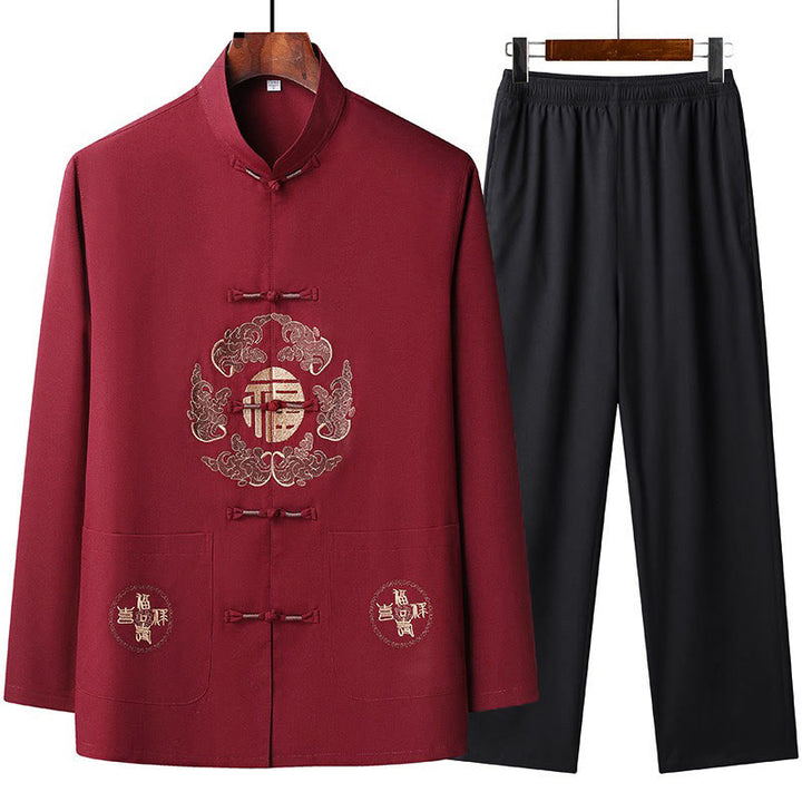 Buddha Stones Capodanno cinese ricamato Fu Tang Suit Hanfu manica lunga Top Pantaloni Abbigliamento Uomo Set - Rosso - US/UK/AU44, EU54 (4XL) - image 0