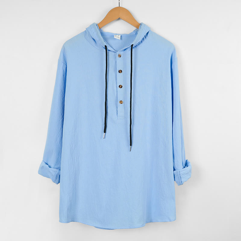 Camicia da uomo in cotone con cappuccio e maniche lunghe, tinta unita, con bottoni a metà autunno, motivo Buddha Stones - image 1