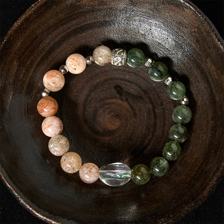 Bracciale Buddha Stones Super Seven Crystal Wealth con quarzo rutilato verde naturale - image 3