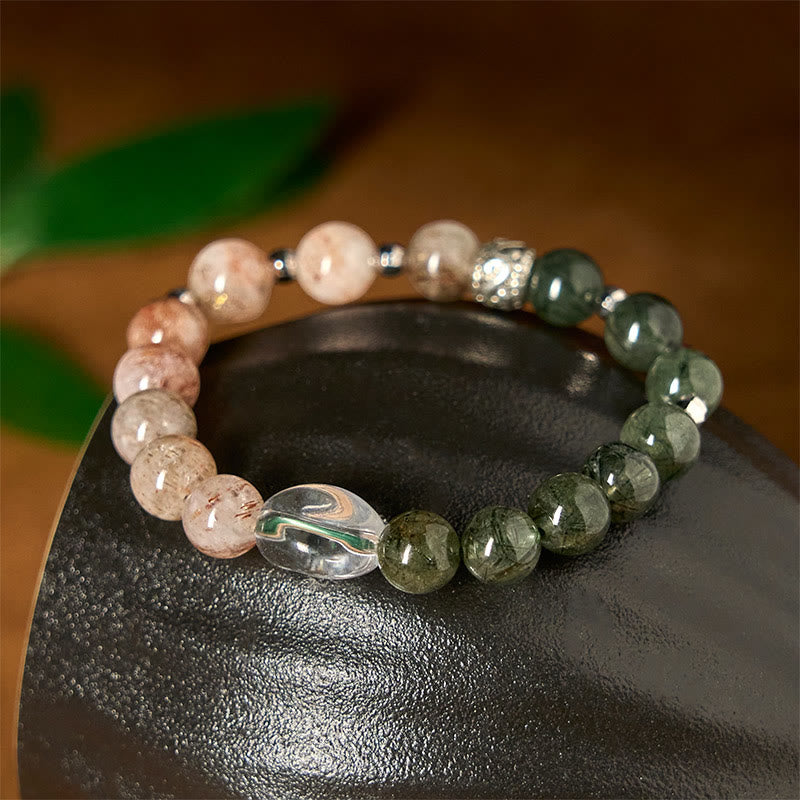 Bracciale Buddha Stones Super Seven Crystal Wealth con quarzo rutilato verde naturale - image 4