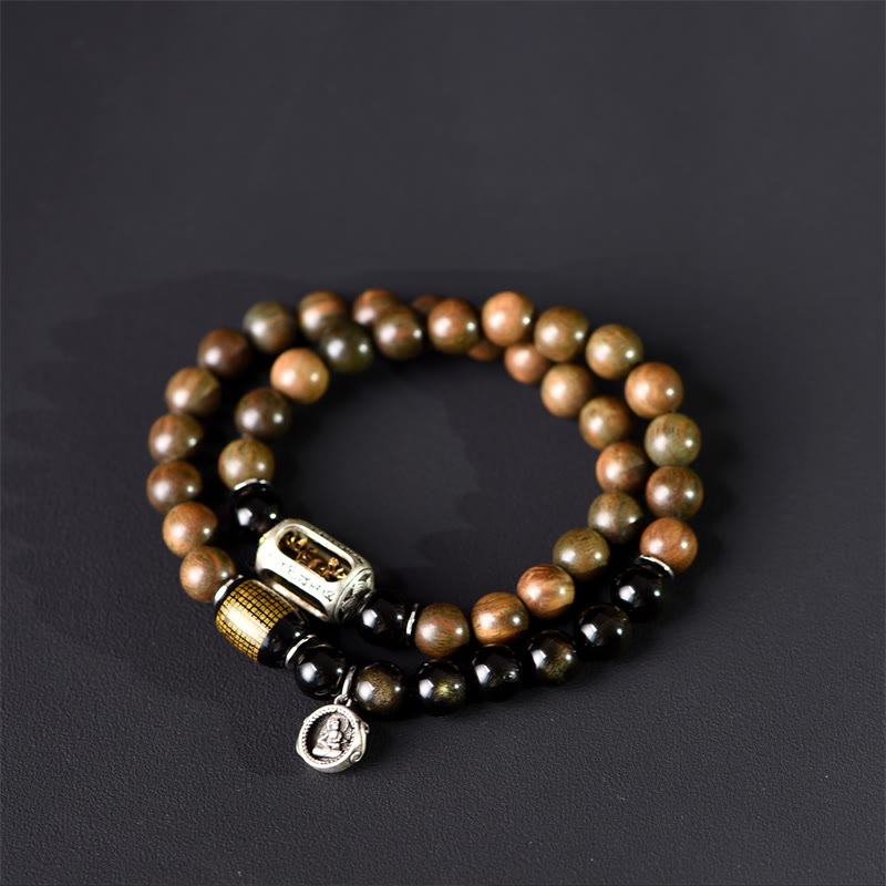 Bracciale a doppio giro in ossidiana, sandalo verde tibetano, lucentezza dorata e equilibrio della pace, Buddha Stones - image 15