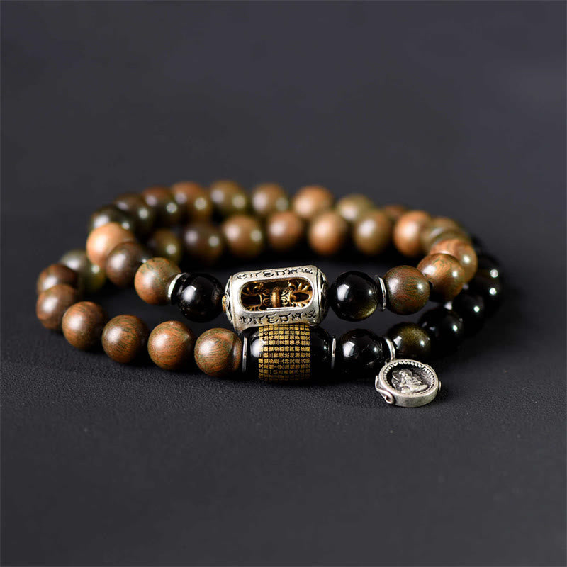 Bracciale a doppio giro in ossidiana, sandalo verde tibetano, lucentezza dorata e equilibrio della pace, Buddha Stones - image 3