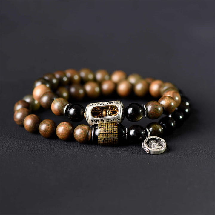 Bracciale a doppio giro in ossidiana, sandalo verde tibetano, lucentezza dorata e equilibrio della pace, Buddha Stones - image 3