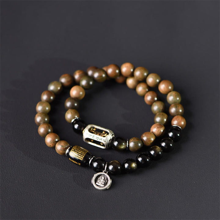 Bracciale a doppio giro in ossidiana, sandalo verde tibetano, lucentezza dorata e equilibrio della pace, Buddha Stones - image 4
