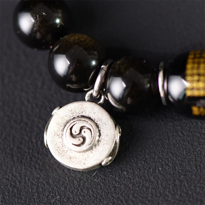 Bracciale a doppio giro in ossidiana, sandalo verde tibetano, lucentezza dorata e equilibrio della pace, Buddha Stones - image 13