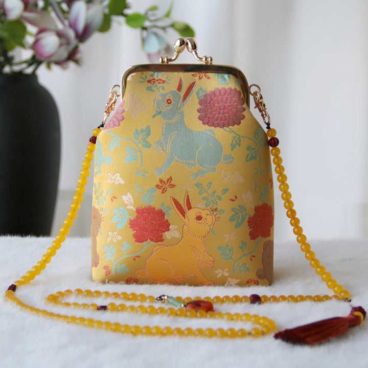 Borsa a tracolla con catena di perle e ricamo cinese retrò Buddha Stones - Coniglio giallo fiore rosso 14*6*18cm - image 14