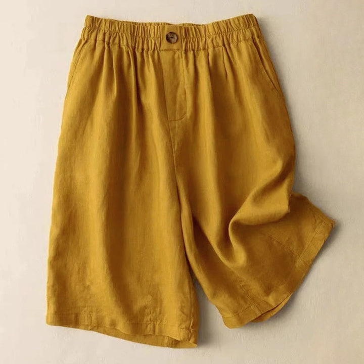 Pantaloncini da donna estivi casual con bottoni, in cotone e lino, con motivo Buddha Stones e tasche. - Verga d'oro - US8-10, UK/AU12-14, EU40-42 (3XL) - image 2