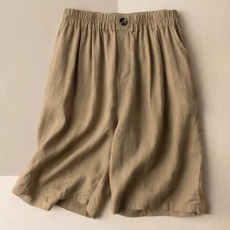 Pantaloncini da donna estivi casual con bottoni, in cotone e lino, con motivo Buddha Stones e tasche. - Legno robusto - US8-10, UK/AU12-14, EU40-42 (3XL) - image 0