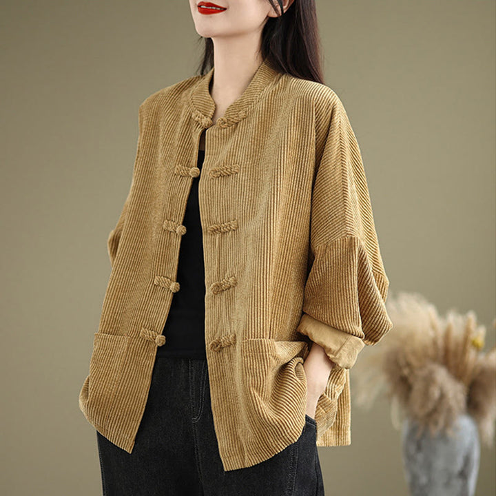 Giacca da donna in velluto a coste con bottoni a rana e collo alto Buddha Stones - Verga d'oro - US14, UK/AU18, EU46 (2XL) - image 0