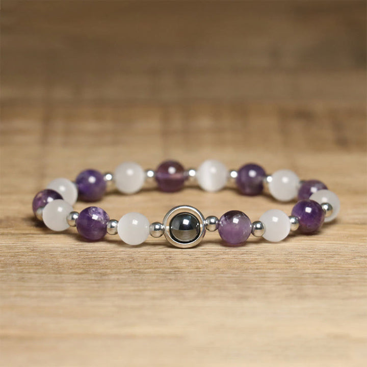 Braccialetto di equilibrio con perle di occhio di gatto bianco e ametista naturale Buddha Stones - image 4