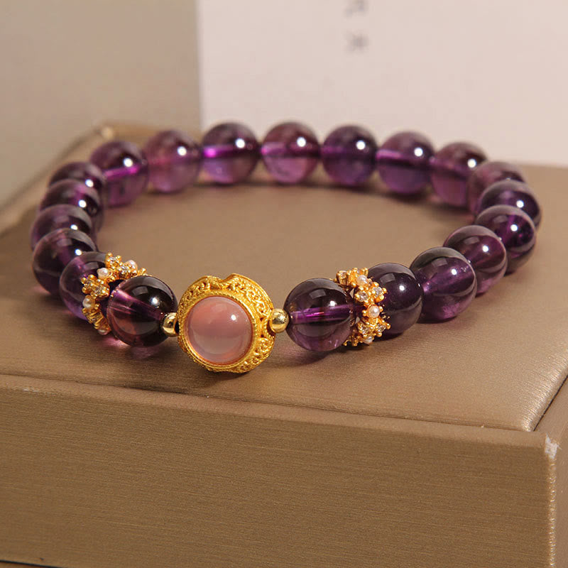Braccialetto curativo con perle di quarzo fragola e ametista naturale Buddha Stones - image 2