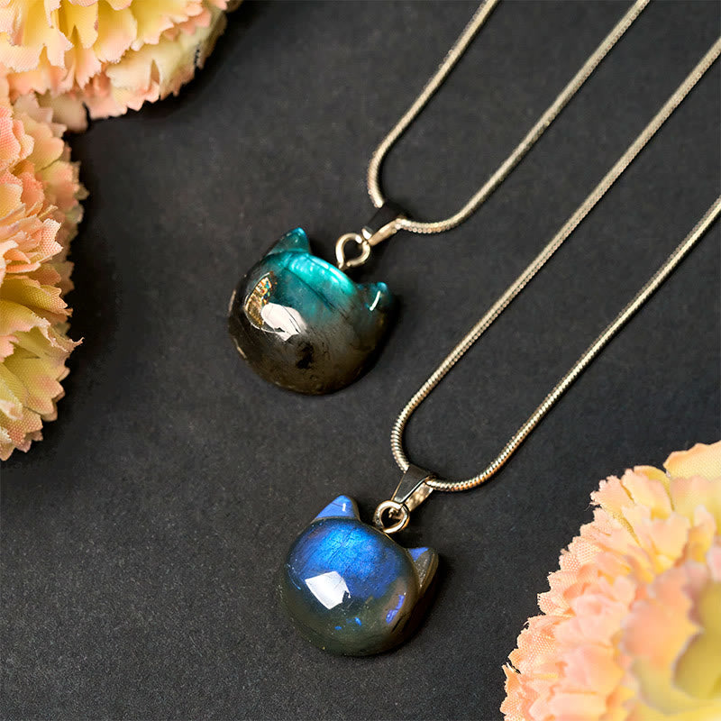 Collana con ciondolo curativo in labradorite naturale con motivo a gatto Buddha Stones - image 1