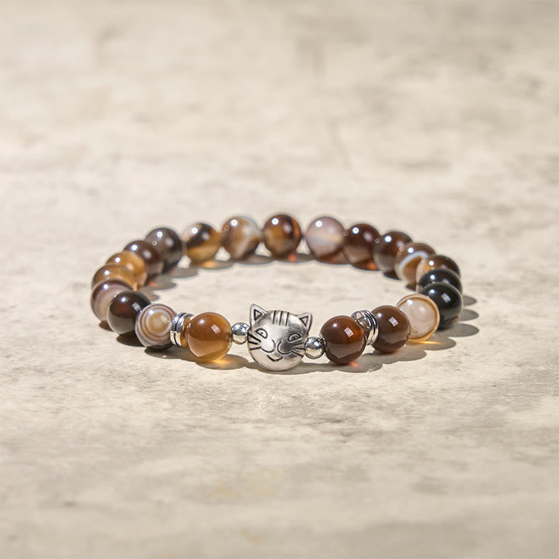 Braccialetto di stabilità con perline di agata marrone striata naturale a forma di gatto siamese color cioccolato Buddha Stones - image 3