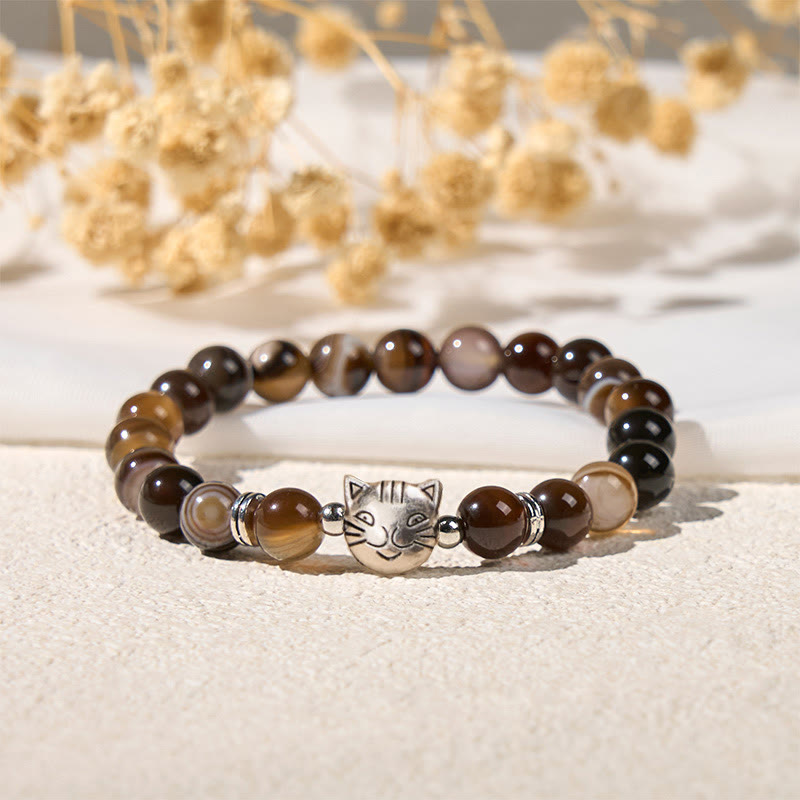 Braccialetto di stabilità con perline di agata marrone striata naturale a forma di gatto siamese color cioccolato Buddha Stones - image 5