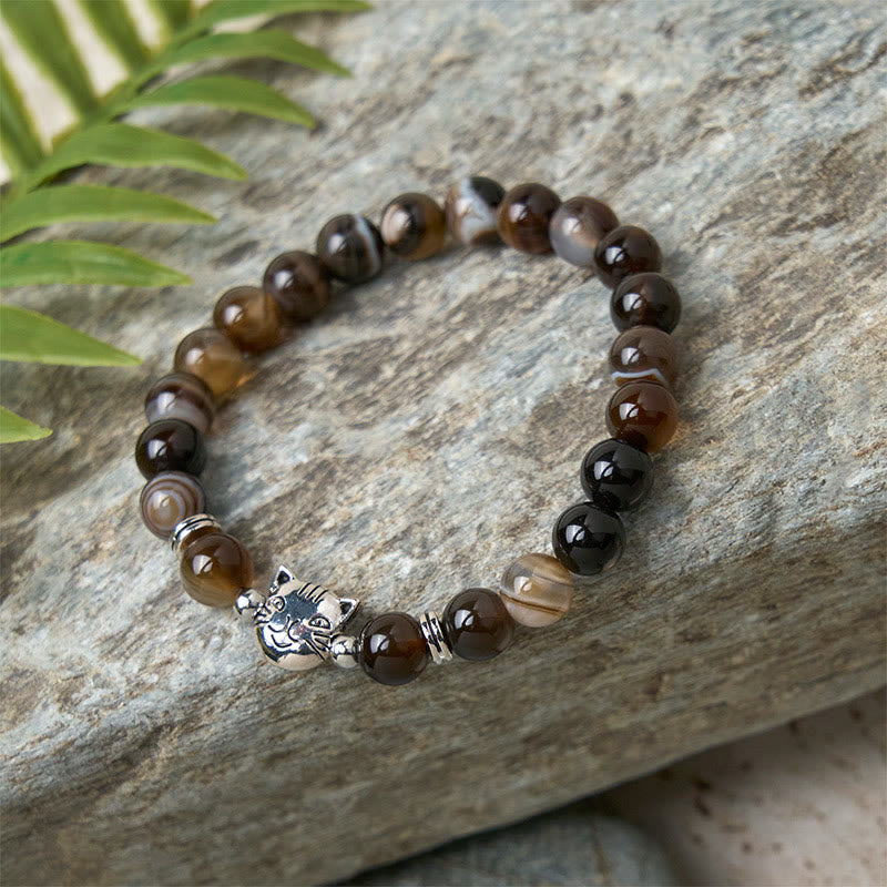 Braccialetto di stabilità con perline di agata marrone striata naturale a forma di gatto siamese color cioccolato Buddha Stones - image 6