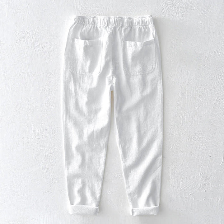 Pantaloni da uomo in lino ramiè con coulisse, casual, tinta unita, design semplice, con tasche, Buddha Stones - image 6