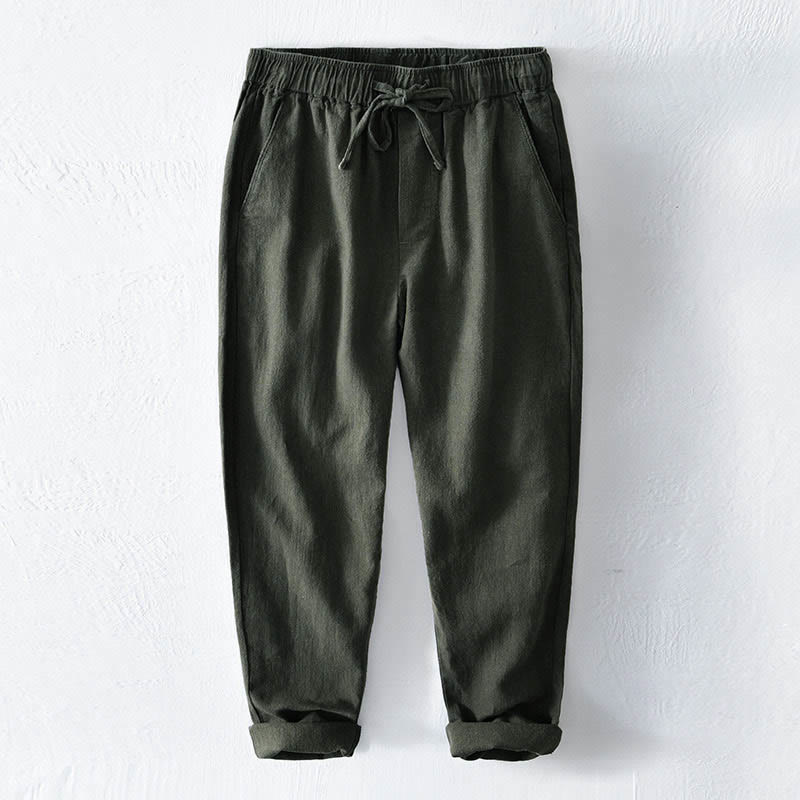 Pantaloni da uomo in lino ramiè con coulisse, casual, tinta unita, design semplice, con tasche, Buddha Stones - Verde studentesco - US/UK/AU44, EU54 (4XL) - image 22
