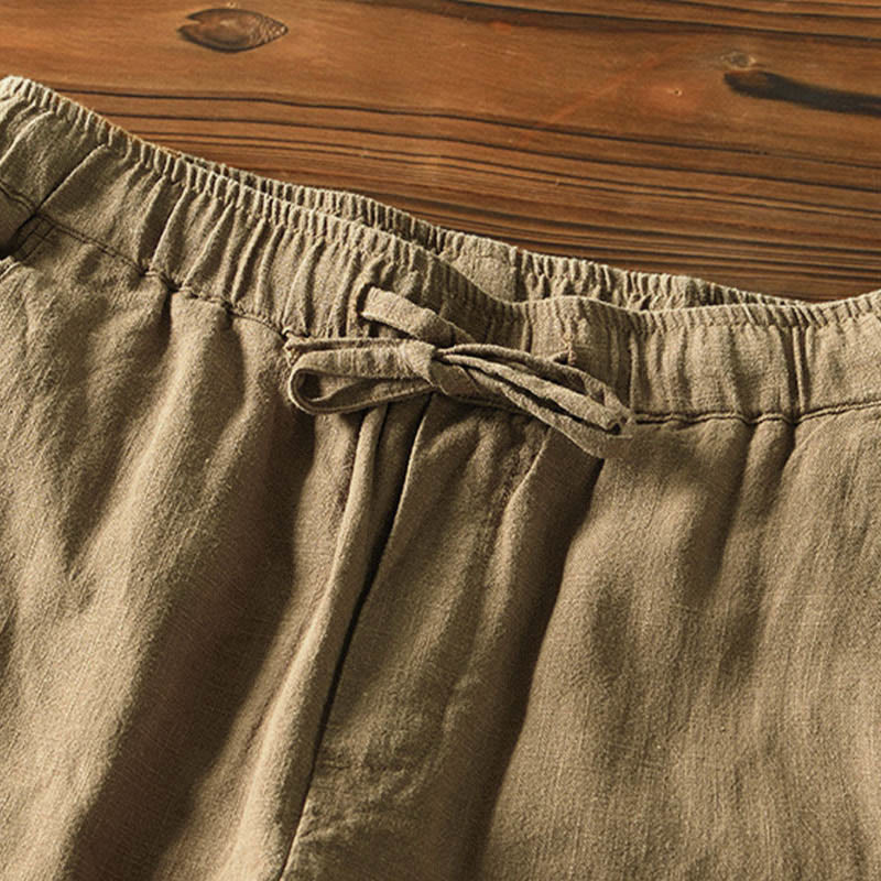 Pantaloni da uomo in lino ramiè con coulisse, casual, tinta unita, design semplice, con tasche, Buddha Stones - image 30