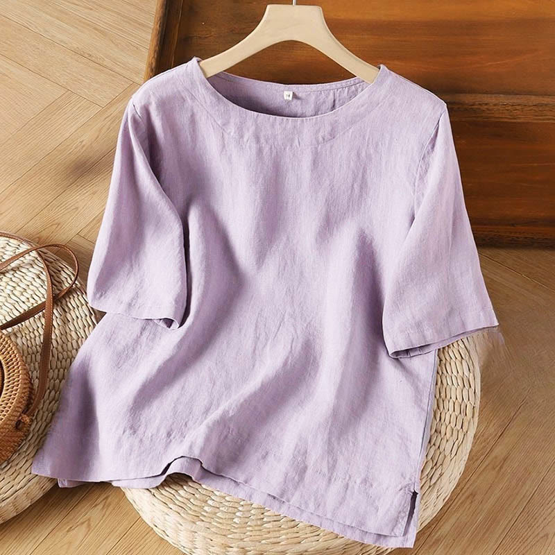 Maglietta da donna in cotone con spacchi laterali, semplice e a maniche corte, con scollo rotondo e motivo Buddha Stones - Prugna - US8-10, UK/AU12-14, EU40-42 (3XL) - image 0