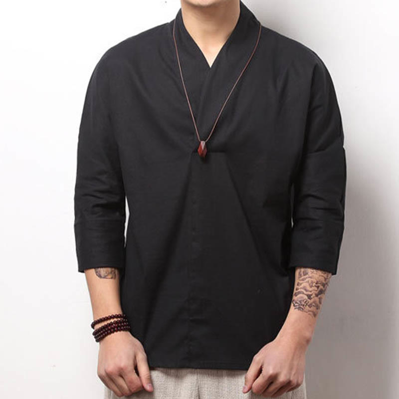 Camicia casual con scollo a V e maniche a tre quarti, motivo Buddha Stones, abbigliamento da uomo - Nero - US/UK/AU44，EU54 (5XL) - image 5