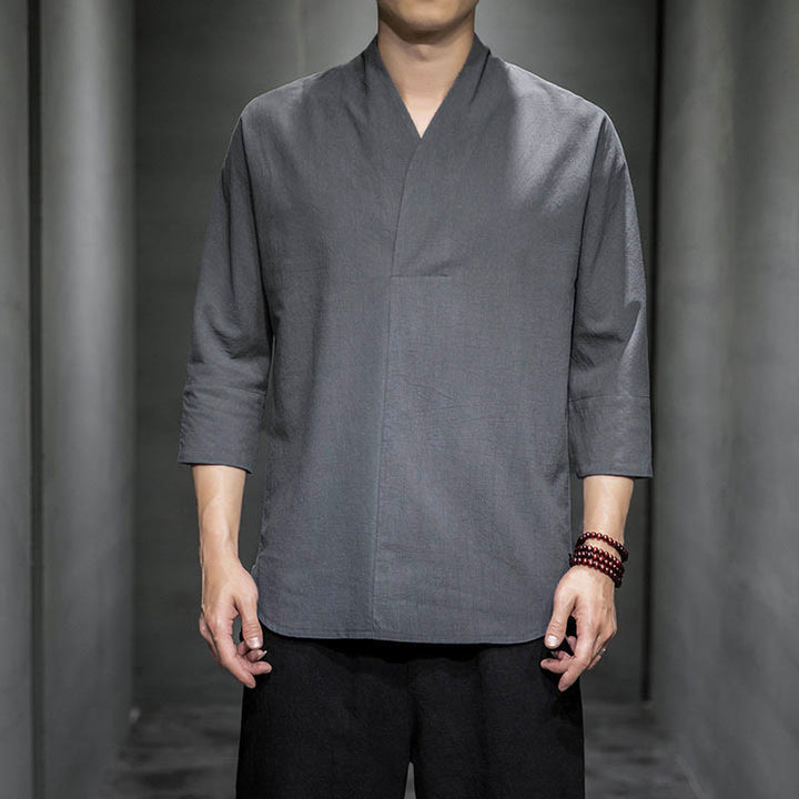 Camicia casual con scollo a V e maniche a tre quarti, motivo Buddha Stones, abbigliamento da uomo - Grigio - US/UK/AU44，EU54 (5XL) - image 4