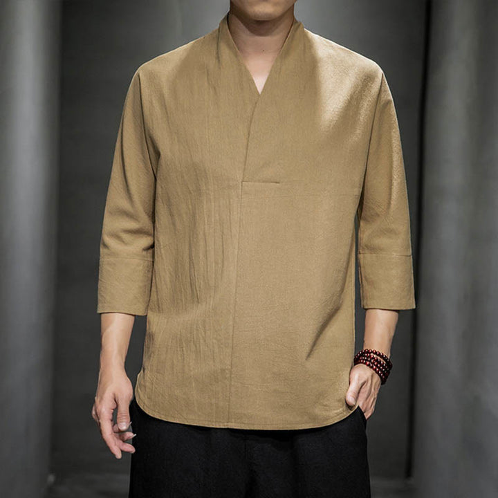 Camicia casual con scollo a V e maniche a tre quarti, motivo Buddha Stones, abbigliamento da uomo - Legno robusto - US/UK/AU44，EU54 (5XL) - image 0