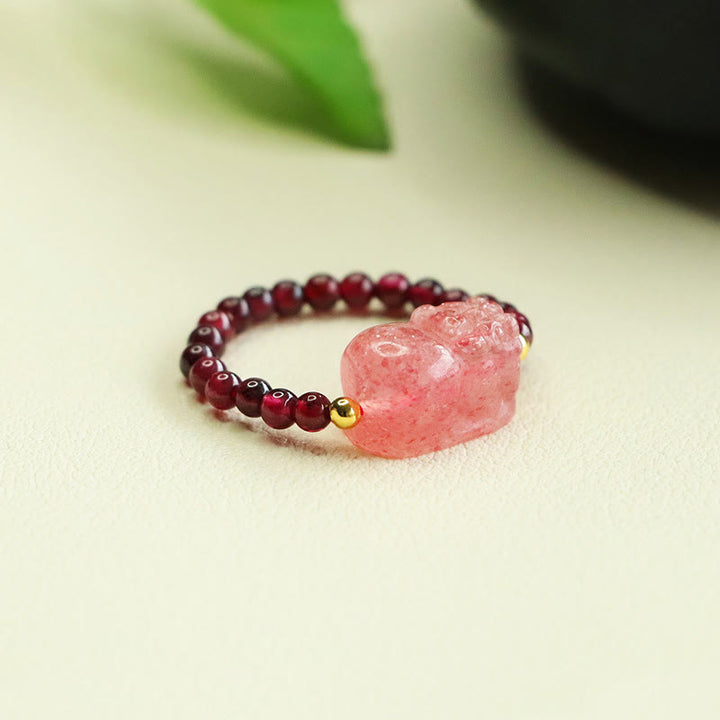 Anello di protezione Pixiu con perle di granato e quarzo fragola Buddha Stones - image 3