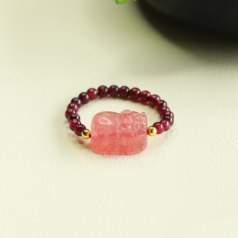 Anello di protezione Pixiu con perle di granato e quarzo fragola Buddha Stones - image 2
