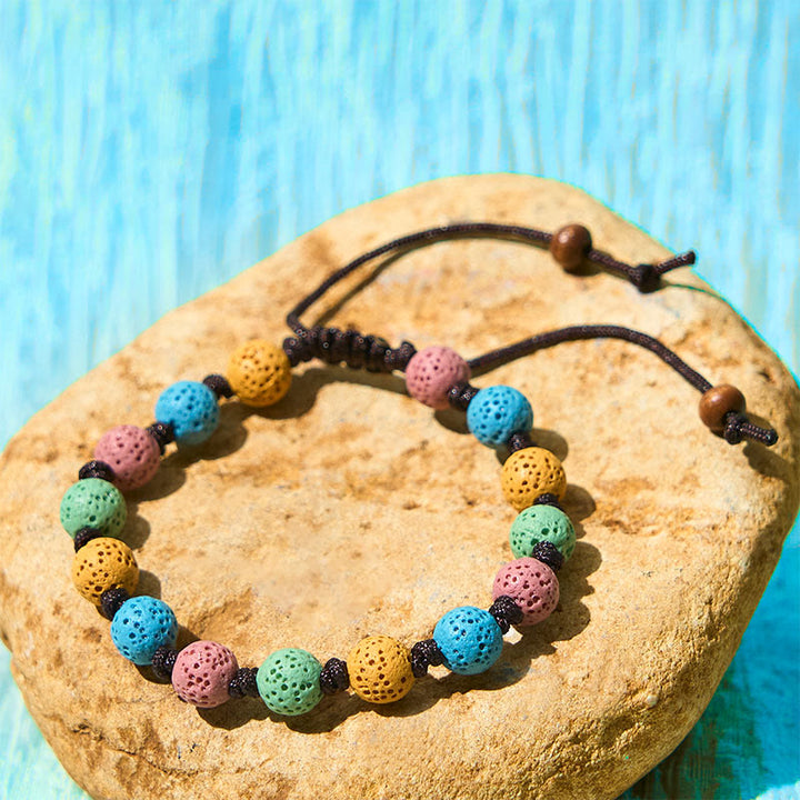 Braccialetto di supporto in pietra lavica colorata Buddha Stones - Perline gialle + blu + rosa + verdi (circonferenza del polso: 15-22 cm) - image 7