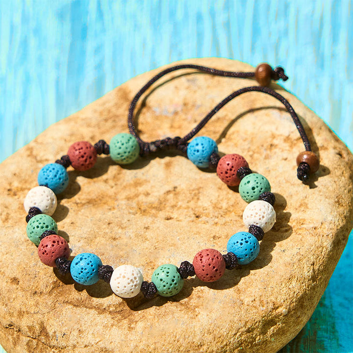 Braccialetto di supporto in pietra lavica colorata Buddha Stones - Perline verdi + rosse + blu + bianche (circonferenza del polso: 15-22 cm) - image 11