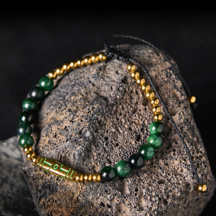 Braccialetto con perline di coraggio in occhio di tigre con motivo a osso e Buddha Stones - Occhio di tigre verde e acciaio al titanio (circonferenza del polso: 15-21 cm) - image 10