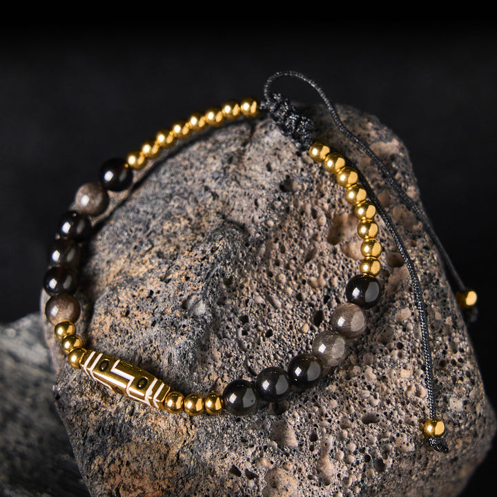 Braccialetto con perline di coraggio in occhio di tigre con motivo a osso e Buddha Stones - Acciaio ossidiana e titanio con lucentezza argentata (circonferenza del polso: 15-21 cm) - image 6