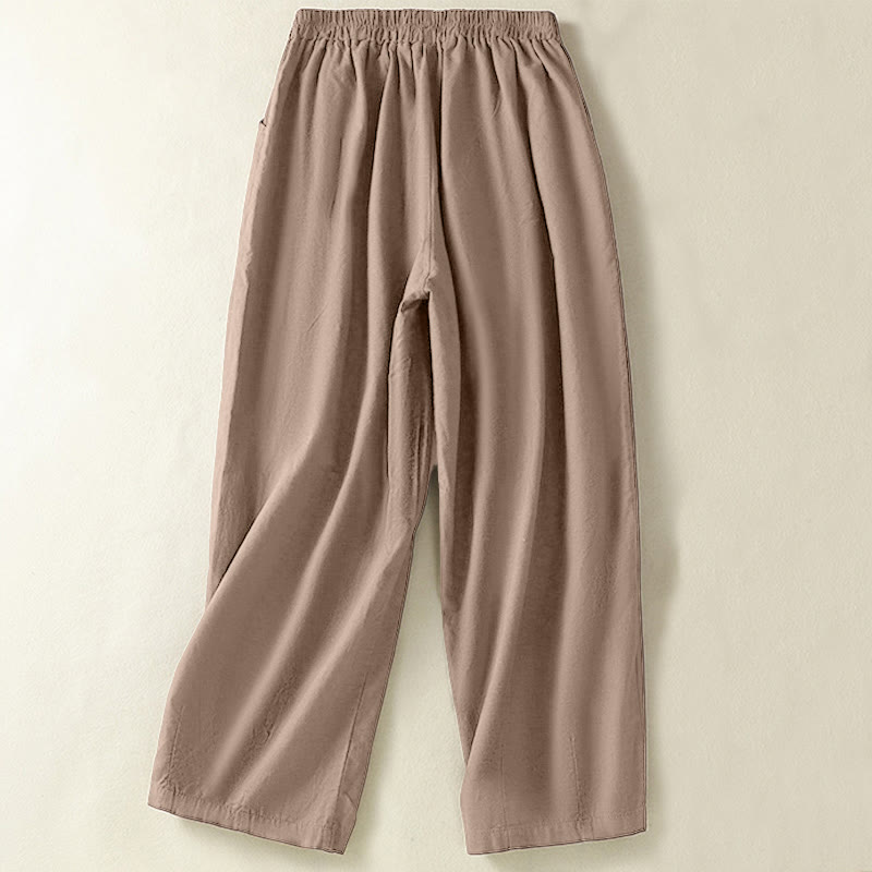 Pantaloni harem da donna in cotone e lino con tasche, modello Paisley, stile vintage estivo e casual, con ricamo Buddha Stones - image 1