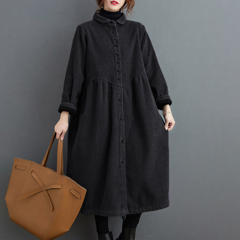 Cappotto da donna in velluto a coste di cotone con fodera in pile, maniche lunghe, bottoni semplici, Buddha Stones, con tasche - image 6
