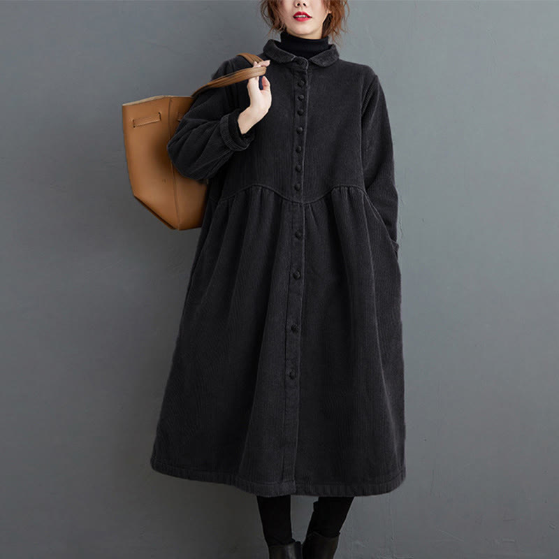 Cappotto da donna in velluto a coste di cotone con fodera in pile, maniche lunghe, bottoni semplici, Buddha Stones, con tasche - image 5