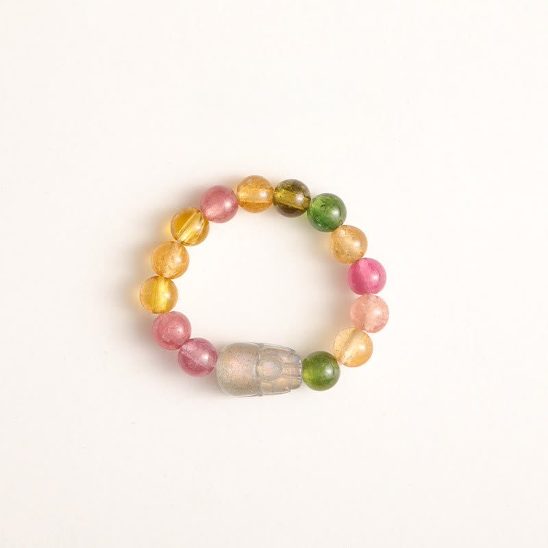 Anello Buddha Stones, tormalina naturale, perla portafortuna, ambra Pixiu, amore positivo - Tormalina e pietra di luna - image 5