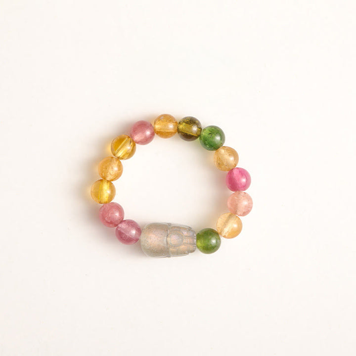 Anello Buddha Stones, tormalina naturale, perla portafortuna, ambra Pixiu, amore positivo - Tormalina e pietra di luna - image 5